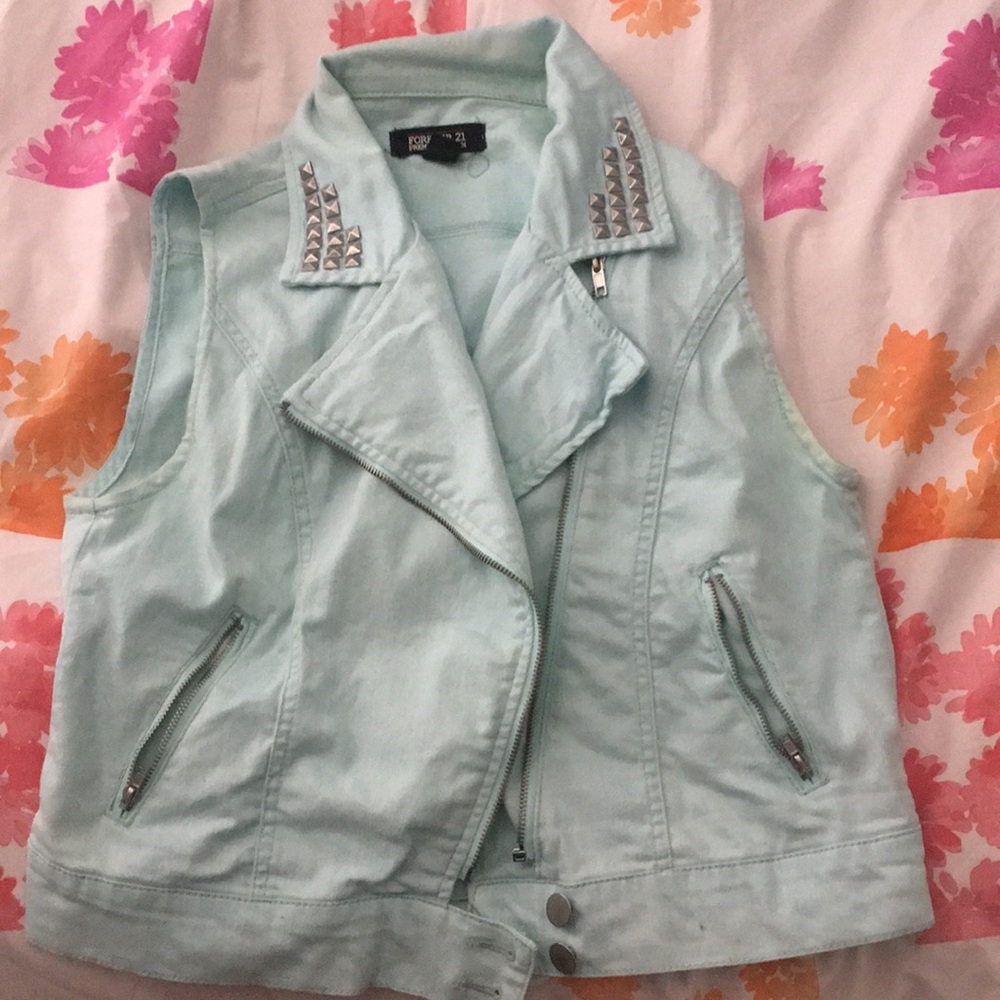 Mint blue studded sleeveless jean jacket